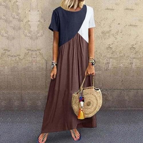 Summer New Patchwork Color Short Sleeve Maxi Dress Women Casual Loose O-Neck Robe Long Vestidos Holiday Streetwear Female