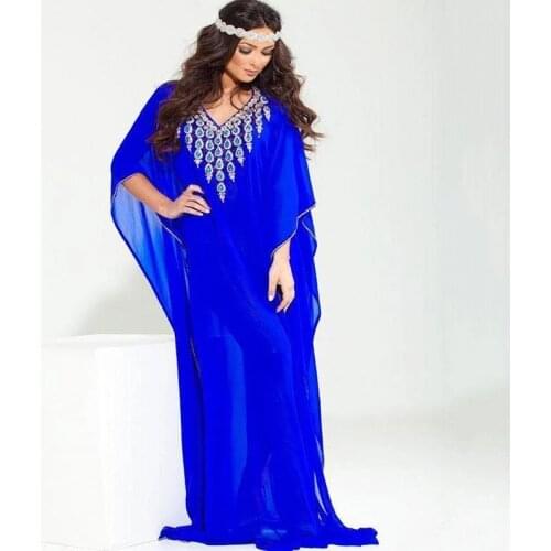 Royal Blue Moroccan Kaftan Caftan Muslim Evening Dresses A-line V-neck Chiffon Beading Dubai Arabic Turkey Abaya Islamic Gown