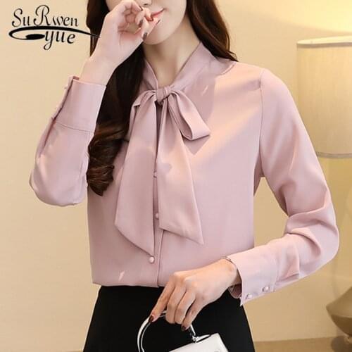 2021 Korean Fashion women blouse solid long sleeve top bow chiffon women white shirts ladies tops blusas femininas tops 1373 45
