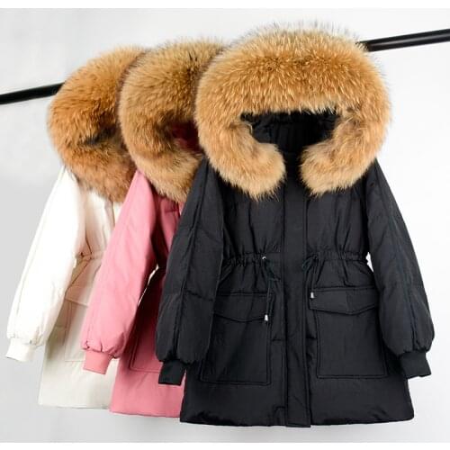 2021 New Winter Womens Mid Long Thick Puffer Coat With Waist Tie And Hooded Large Real Fur Collar Down Jacket Lady Fashion Wear