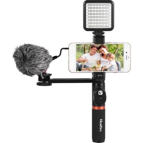 Bluetooth Remote Control Smartphone Video Rig Hand Grip Stabilizer+Mini Microphone+Dimmable LED Light for iPhone Huawei Samsung