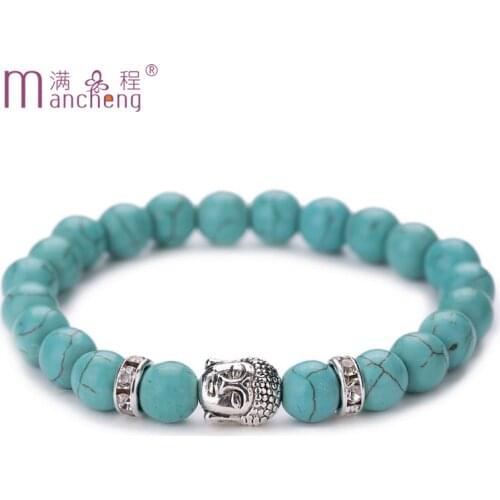 Luck Vintage turquoise skeleton buddha beads bracelet man women 8MM natural turquoise Buddha head beads bracelets for men