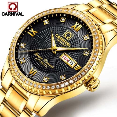 CARNIVAL Black Gold Watch Men Automatic Mechanical Watch Luminous Waterproof Fashion Wristwatch Male Clock Men Relogio Masculino