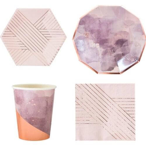 Ink Pink Foil Party Supplies Disposable Tableware Striped Paper Plate Cups Napkins For Wedding Birthday Baptism Decor