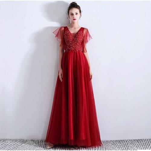 Elegant A-Line Beading Floor-Length Illusion Red Evening Dresses Sleeveless V-Neck Hand Made Criss-Cross Straps Party Wear Gown