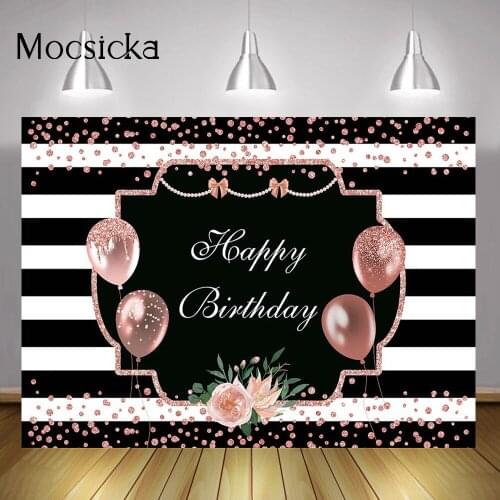 Woman Happy Birthday Party Backdrop Decorations White and Black Stripes Birthday Cake Smash Background Pink Glitter Dots Balloon