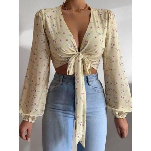 Lantern Sleeve Floral Print Knotted Front Crop Tops Women Blouses