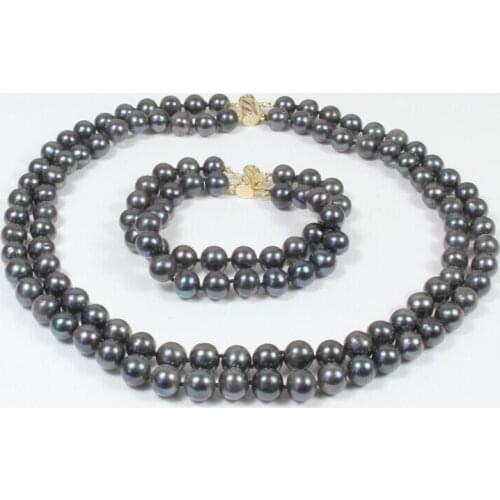Hot New 7-8mm Black Natural Fresh water pearl necklace 17-18'' Bracelet 7.5