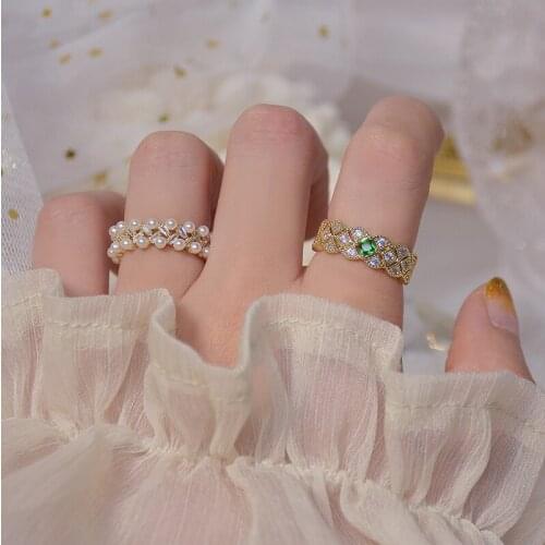 Delicate Jewelry 14K Real Gold Adjustable Crystal Geometric Rings for Women Elegant Pearl Zircon Engagement Rings