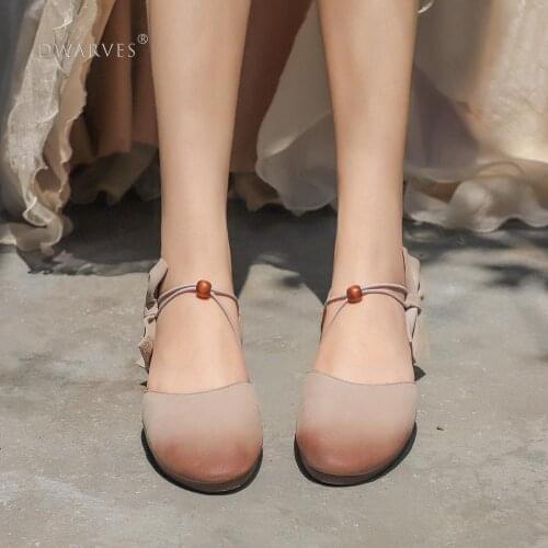 Handmade Leather Flat Mary Jane Shoes For Womens Sweet Flowers Round Toe Brown/Grey