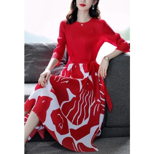 HOT SELLING Miyake fashion Ruffle one-piece dress o-neck patchwork lacing A-Line dress IN STOCK