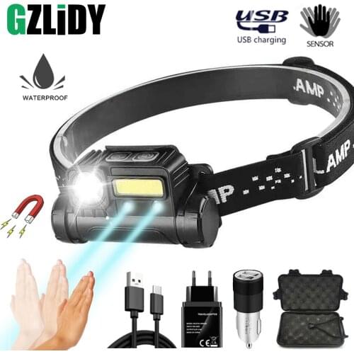 IR Sensor LED Headlamp with Side Magnet Headlight USB Rechargeable Head Flashlight Waterproof Mini Fishing Lantern Camping Torch
