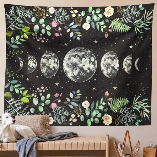 Moon Phase Tapestry Wall Hanging Moon Light Green Olive Leaf Black Flower Tapestries Boho Room Wall Decor Home Decoration Mural