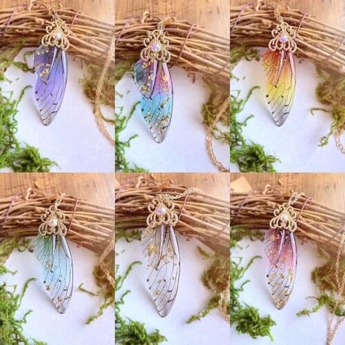 Fantasy Fairy Colorful Cicada Wings Necklace Pendant Butterfly Gradient Sequins Pink Blue Neon Color Rhinestone Chains Necklace