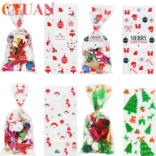 CYUAN 50pcs Santa Tree Pattern Christmas Bags Candy/Gift Wrapping Opp Plastic Bags Packaging For New Year Party Christmas Decor