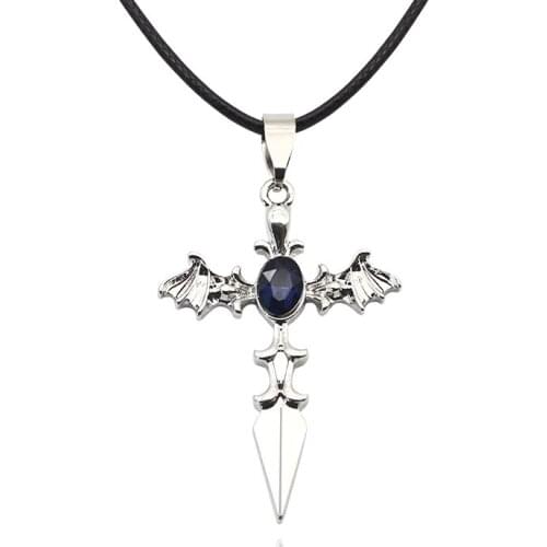 Steampunk Cross Pendant Blue Crystal Rhinestone Punk Wings Arrow Necklace Unisex For Vintage Charm Black Rope Necklaces&Pendants
