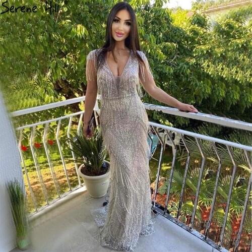 Serene Hill Silver Beading Tassel Luxury Evening Dresses Gowns 2020 Cap Sleeves Mermaid Elegant For Women Party LA60830