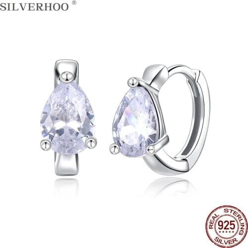 SILVERHOO 925 Sterling Silver Earrings For Women Simple Water Drop Cubic Zirconia Tiny Hoop Earring Trendy Party Jewelry Gift