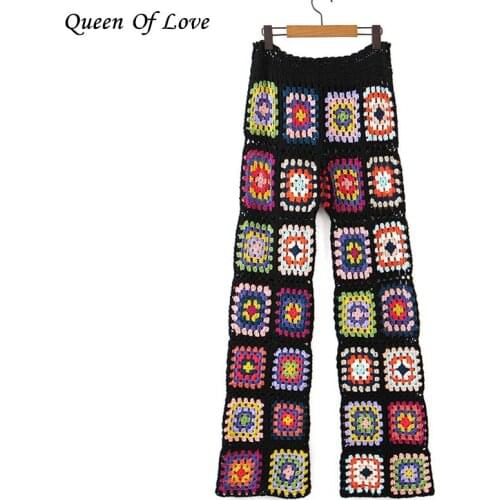 Vintage Jacquard Crochet Knitted Pants 2021 New Autumn Streetwear Women Hollow Out Flower Straight Drawstring Trousers Y2K