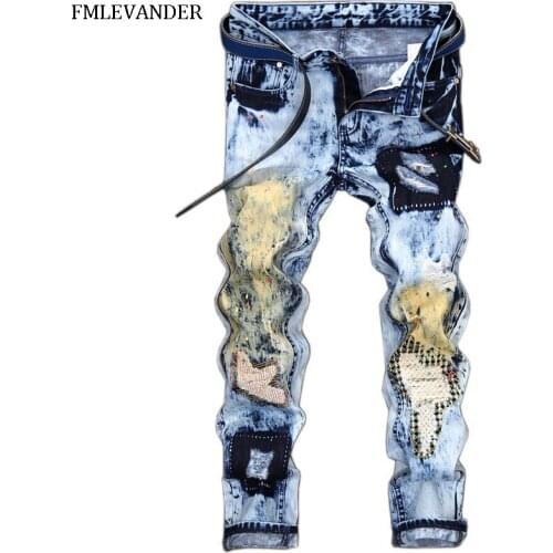 High Quality Straight Vintage Hole Straight Patchwork Pants Stretch Denim Men Jean