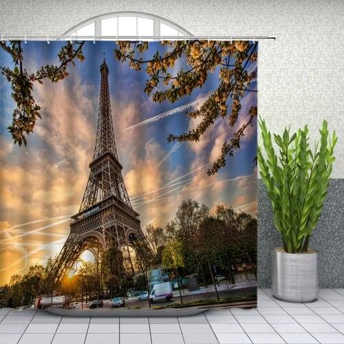 Landscape Shower Curtains European Famous Iron Tower Evening Scenery Bathroom Decor Home Bath Waterproof Polyester Curtain Set