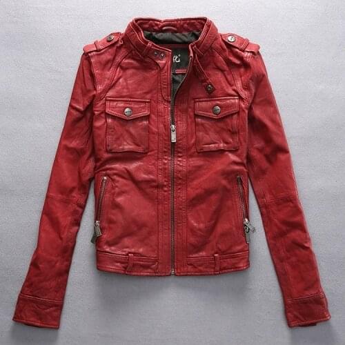 Factory 2020 Winter New arrival Womens Genuine Leather Jacket Vegetable tanned goatskin Black/Red Fashion Motorcycle Jackets