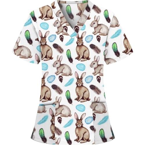 Women Cute Cartoon Print Nursing Scrubs Tops T Shirt Casual Short Sleeve Women Scrubs Uniforms Nurse V-neck Pocket Women Clothes