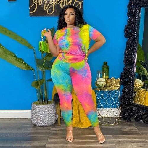 ZJFZML ZZ Women Clothing Two Piece Tracksuit Plus Size Tie Dye Print Short Sleeve Tops and Bodycon Pant Dropshipping Wholesale