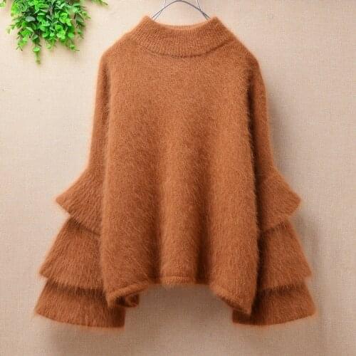 Ladies women fashion short style crop top mink cashmere knitted pullover o-neck long flare sleeves angora fur jumper winter tops