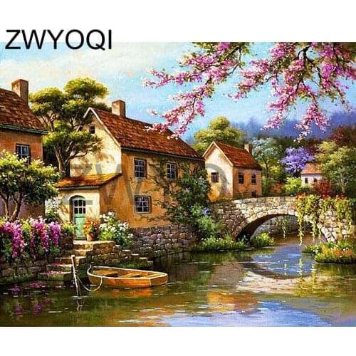 5DDIY Diamond embroidery scenery Full Square Diamond mosaic scenery bridge boat Full Round Diamond painting Cross stitch scenery