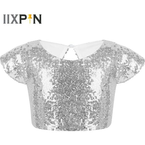 Kids Girls Shiny Crop Top Dancewear Cap Sleeves Sparkly Sequins Keyhole Back Crop Top for Dance Stage Performance Birthday Party