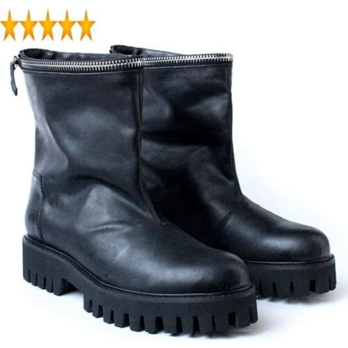 Bottom Winter Thick Fake Zipper Black Men Russian Style Round Toe Slip On Botas Top Genuine Leather Cowboy Boots Plus Size