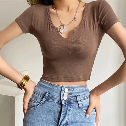 DOUJILI Casual Knitted Short Sleeve Top Tees Summer High Quality Women Tight Short T-Shirt Black White Gray Coffee Color