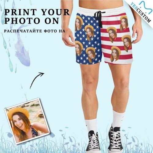 YesCustom Custom Face Photo Swimsuit Wear Elastic Waist Stars Stripes Quick Dry Soft Men Trunk Surfing Shorts Beach Party Sports