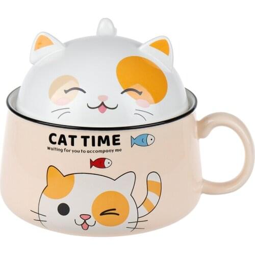Mugs with Cover Scoop Large Capacity Cat Cup Noodle Bowl Cute Student Girl Ceramic Creative Cartoon Oversize