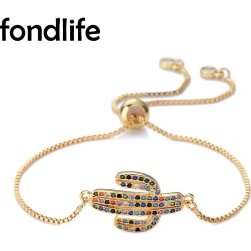 Fashion Multicolor Rainbow Cubic Zirconia Crystal Gold-plated Cute Cactus Charm Bracelet Girls Women Lady Luxury Plant Jewelry