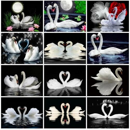 MomoArt 5D DIY Diamond Painting Swan Cross Stitch Diamond Embroidery Full Square Drill Animal Mosaic Kits Moon Handicraft