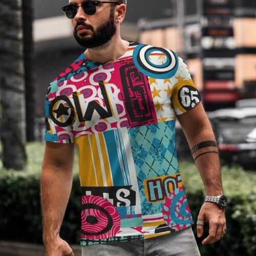 New Design Trend Graffiti Printed T-shirt Letter Cartoon Geometric Stripe Cclor Matching Short Sleeve Mens Round Neck Tops