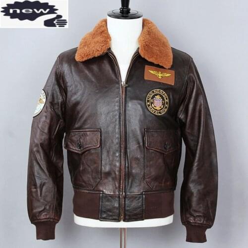 2021 Air Force Flight Genuine Leather Men Fur Collar Cowhide Bomber Jacket Brown Slim Fit Winter Coat Male