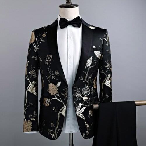 Mens Stylish Embroidery Floral Pattern Suits Stage Singer Wedding Groom Tuxedos Men Blazer Black (Jacket+Pants+Tie)