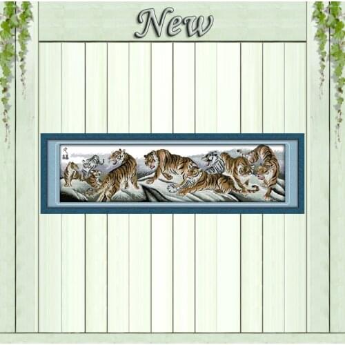The nine tigers painting in the mountain Decor Counted Print on canvas Sets embroidery Needlework DMC 11CT 14CT Cross Stitch kit