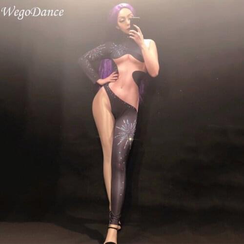 New Women Sexy Jumpsuit Color Sparkling Crystals jumpsuit One Sleeve Trouser Nightclub Party Stage Wear singer costumes