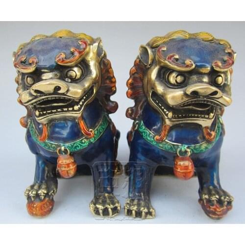 Marked Cloisonne Enamel Gold Guardian Foo Fu Dog Door Lion Kid Ball Pair Garden Decoration 100% real Brass Bronze