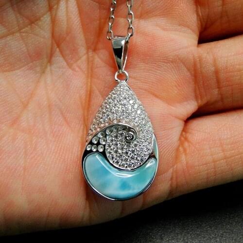 Hot Selling 925 Sterling Silver Natural Dominica Larimar Wave Drop Pendant Necklace For Gift