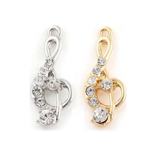 20PCS/lot 15x38mm (Gold,Silver Color) Rhinestones Music Note Hang Pendant Charms Fit For Magnetic Memory Floating Locket