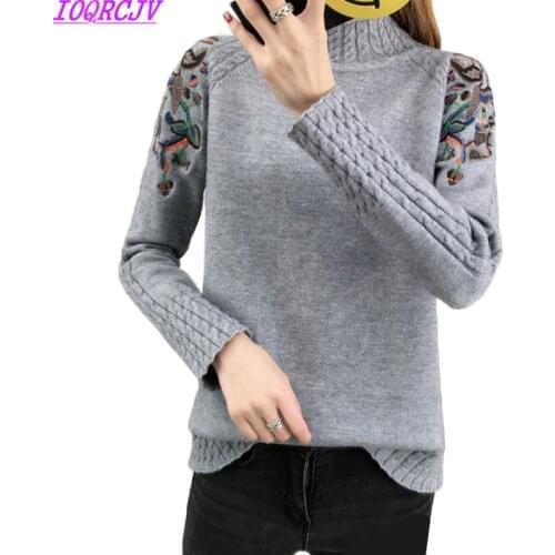 Winter Women Knit Pullover Embroidery Sweater 2018 New Fashion Loose Long-sleeved Half-Turtleneck Sweater Women Clothing H13