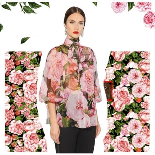 Brand custom rose printed chiffon polyester fabric cloth 145 cm width see-through shirt womens sewing fabric for dress