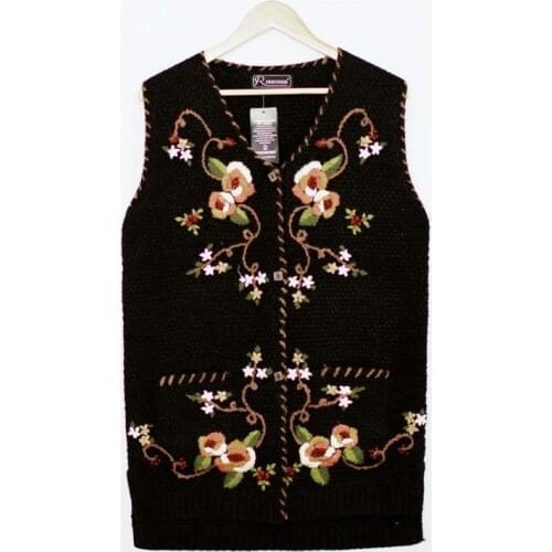 Long Cardigans Women Jacket Sleeveless Waistcoats Black Chinese Style Flower Embroidery Sweater Vest Tops V Neck Retro Wool Pull
