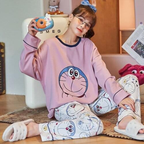Women Cotton Winter Pajamas Set Kawaii Cartoon Anime Doraemon Sleepwear Korean Cute Pink Long Sleeve Women Thick Warm Pajamas