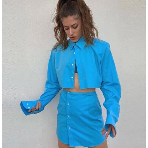 2 Piece Set Women Autumn Streetwear Dress Set Casual Crop Blouse Shirts Buttons Up A-line Skirt Matching Suit Female Dress Sets